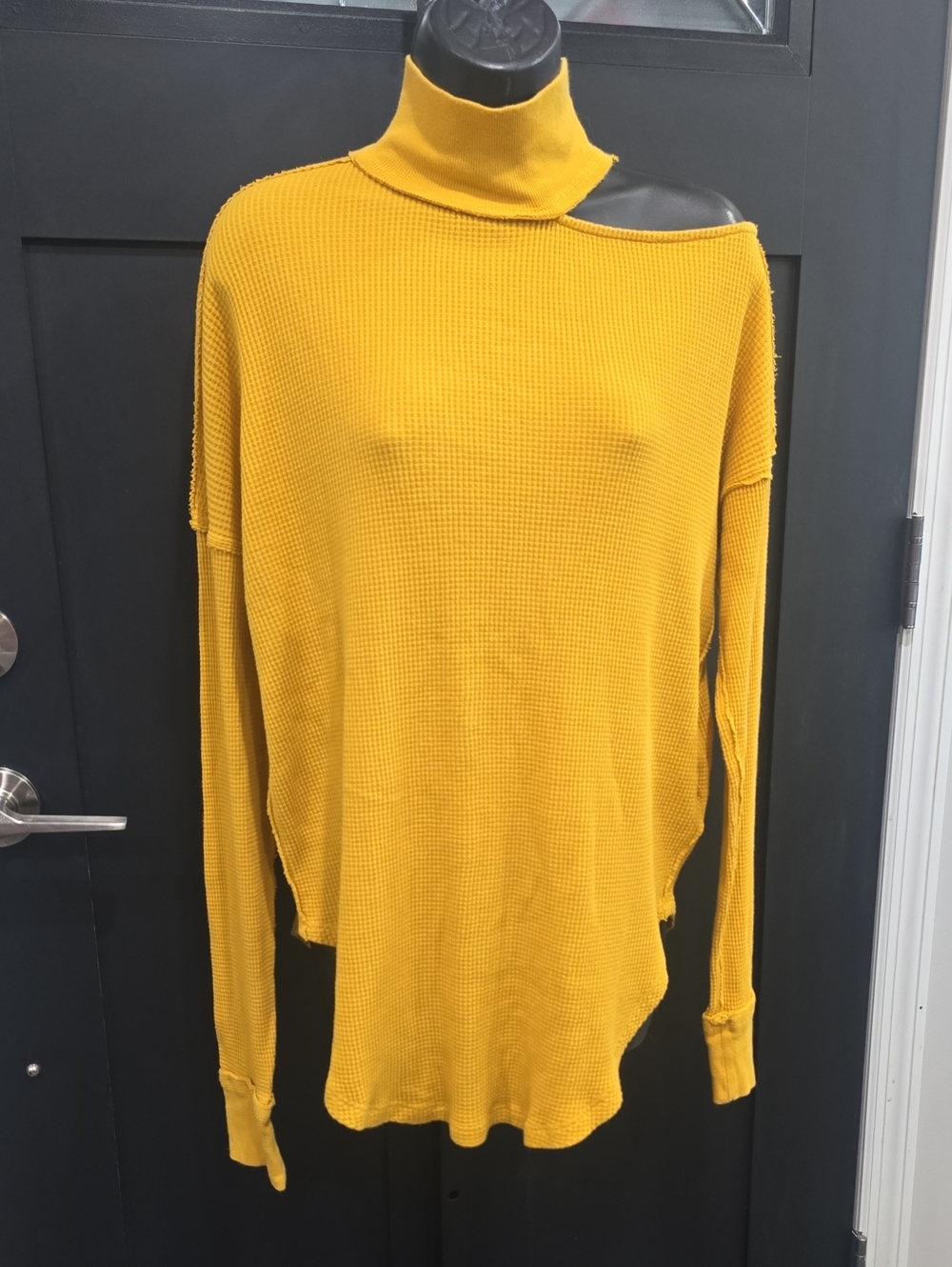 We The Free Mustard Yellow Off-Shoulder Waffle Knit Top Sz M
